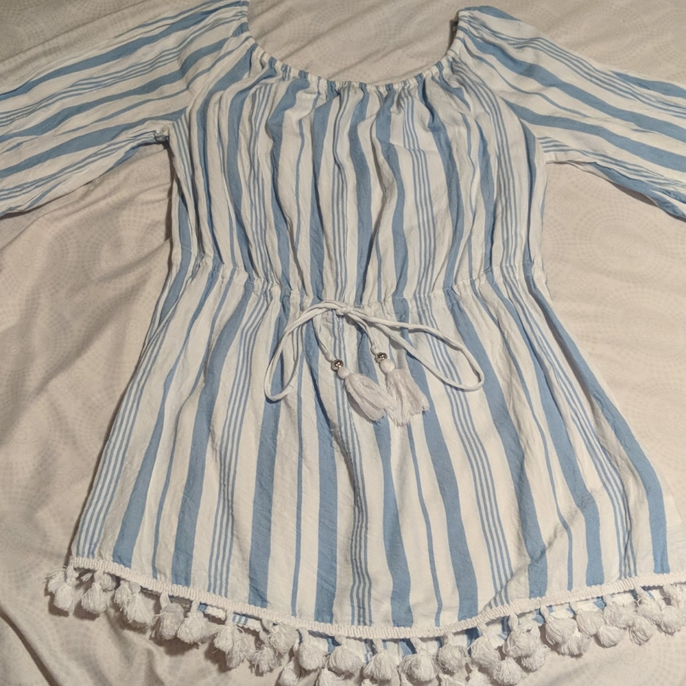 Blue & White Tassel Off the Shoulder Mini Dress